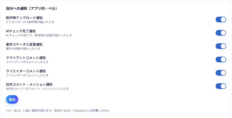 アプリ内のベルに届く通知は、この画面のスイッチで選び、「保存」を押します。