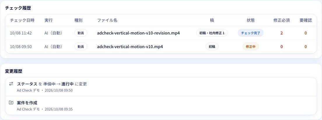 案件の履歴では、操作した人・日時・変更内容を確認できます。