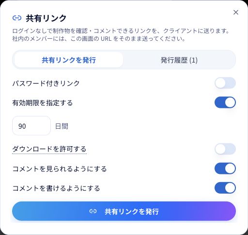 パスワード・有効期限・許可する操作を確認してから、共有リンクを発行します。
